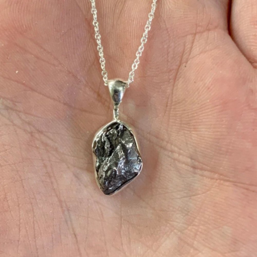Rough Meteorite Sterling Silver Pendant & Adjustable Chain, Unique Jewelry